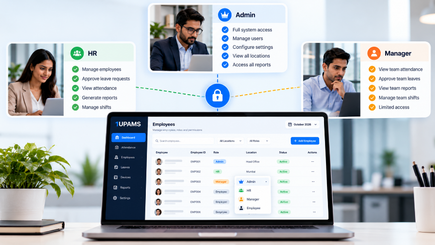 1UPAMS role-based permissions for HR, Admin and Manager accounts