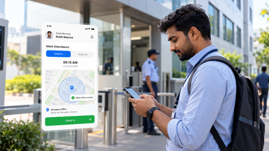 Employee checking in on a phone within a verified office geo-fence