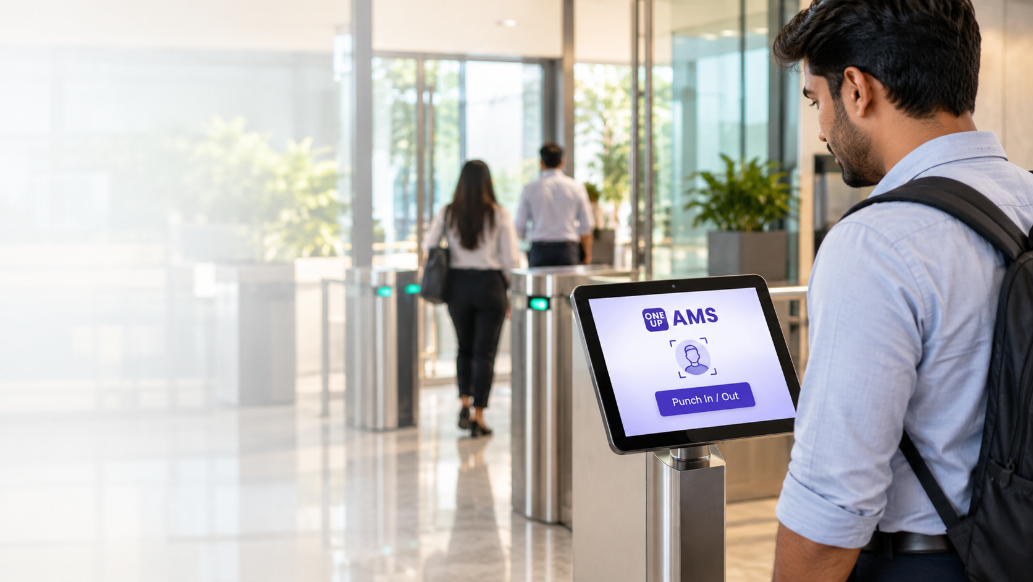 Employee recording attendance at a 1UPAMS facial recognition kiosk