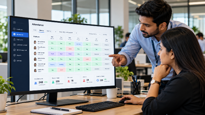 Two colleagues reviewing employee shift assignments on an attendance schedule