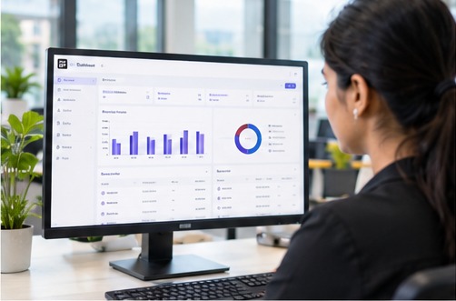 HR specialist reviewing attendance charts and custom reports on a desktop monitor