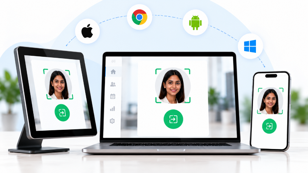 Attendance check-in on a tablet, laptop and phone with Apple, Chrome, Android and Windows support