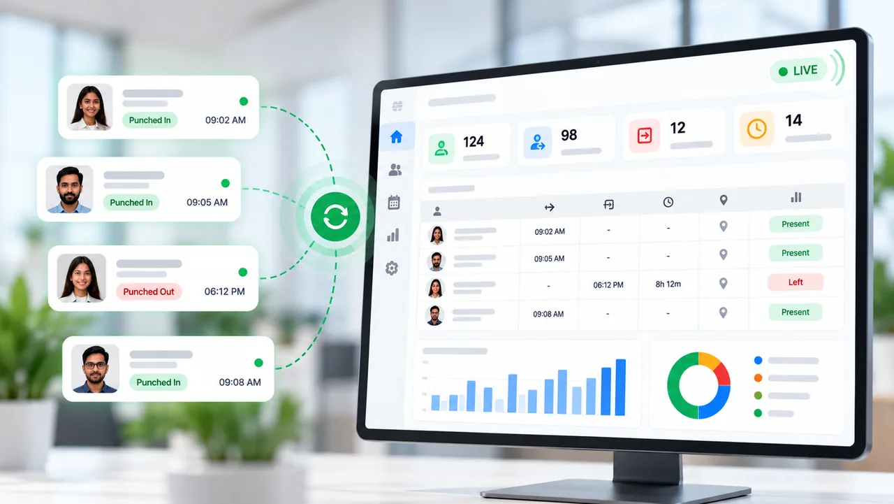 1UPAMS live attendance dashboard showing employees punching in and out in real time