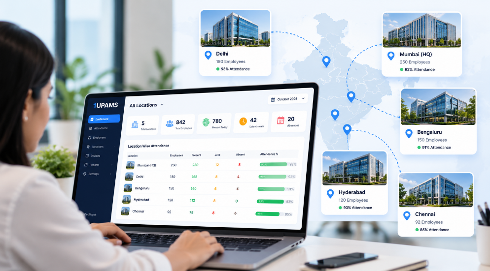 1UPAMS attendance dashboard connecting offices in Mumbai, Delhi, Bengaluru, Hyderabad and Chennai