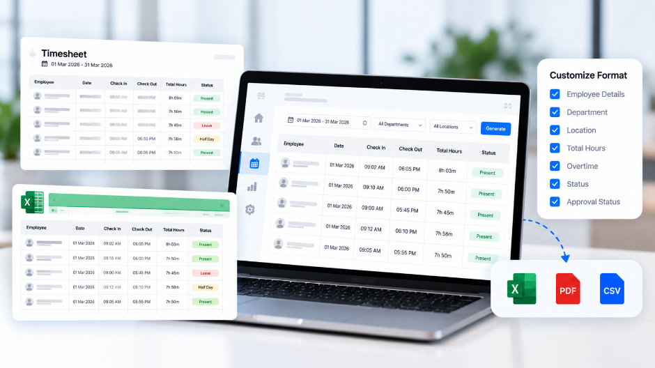 Customisable employee timesheet with attendance fields and Excel, PDF and CSV exports