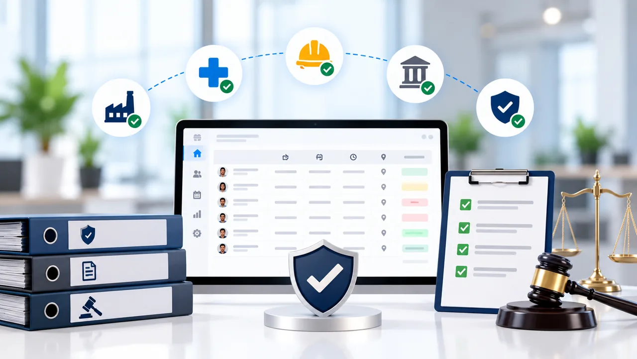 Compliance dashboard with industry standards, verified checks, audit files and a protective shield