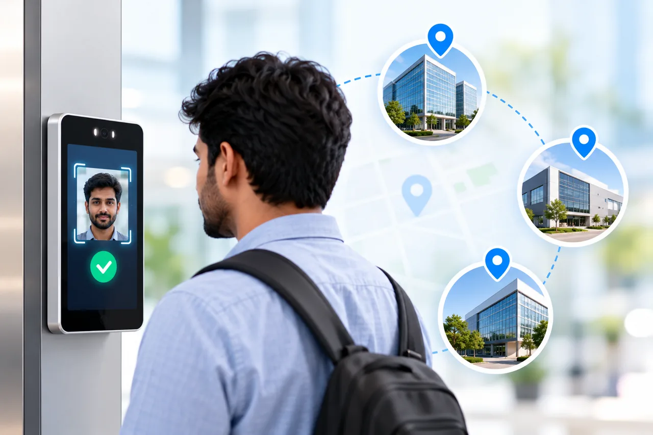 Multi-location face check-in network connecting attendance across several client sites