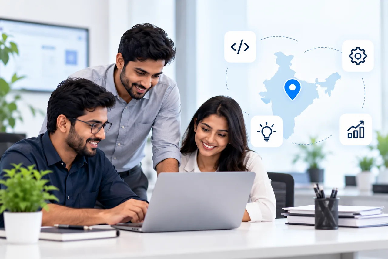 Three colleagues collaborating around a laptop in a modern Indian office, with a map of India and technology icons