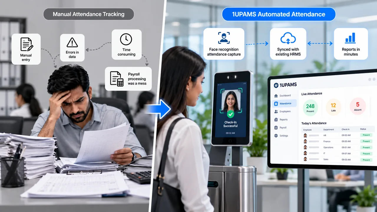 Manual attendance paperwork on the left contrasted with a 1UPAMS face-recognition check-in and live attendance dashboard on the right