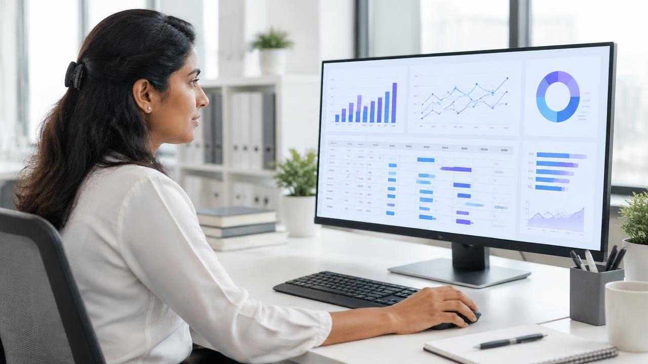 HR analyst reviewing attendance charts and workforce reports