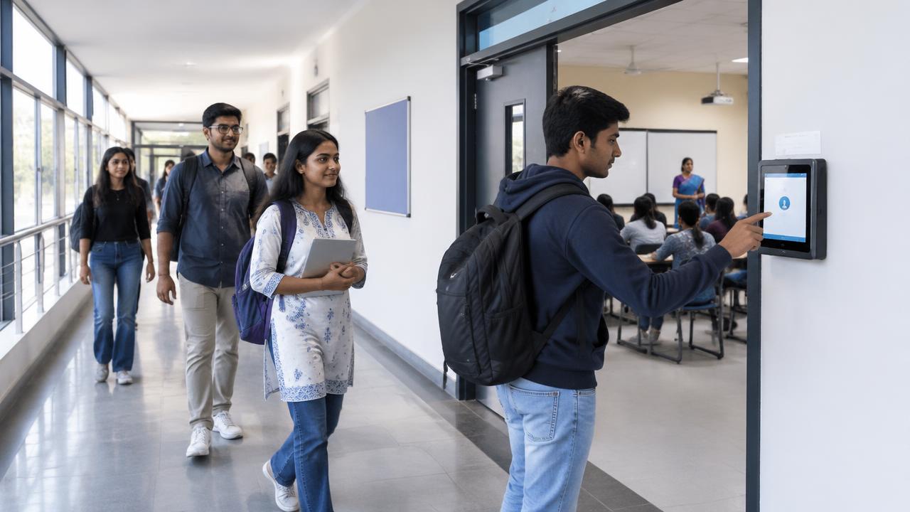 Students marking attendance outside a university classroom