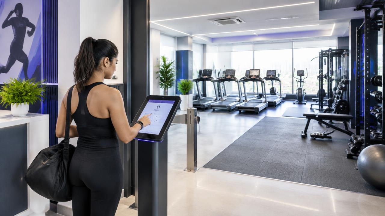 Gym member using a check-in tablet at a fitness centre