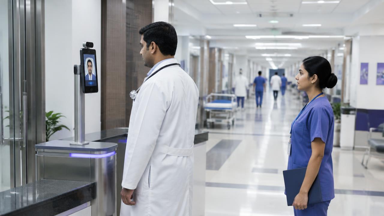 Hospital staff checking in before their shift
