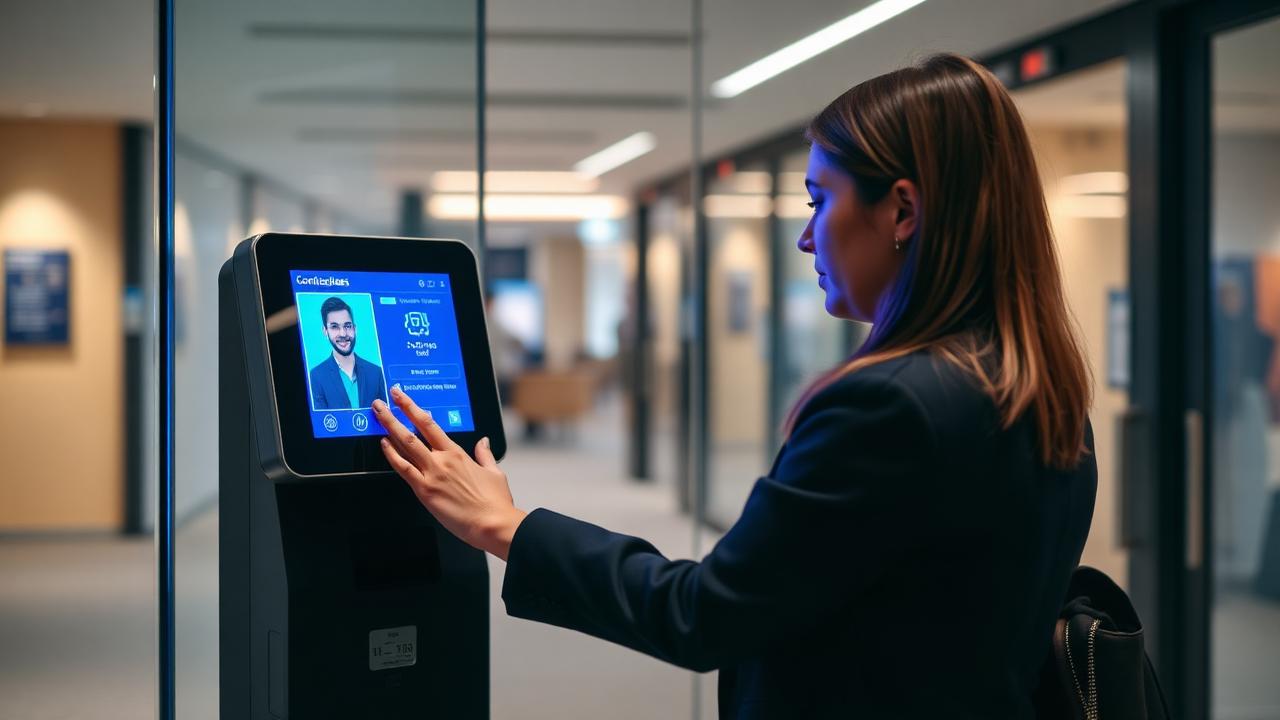 Employee checking in at a contactless face recognition attendance kiosk