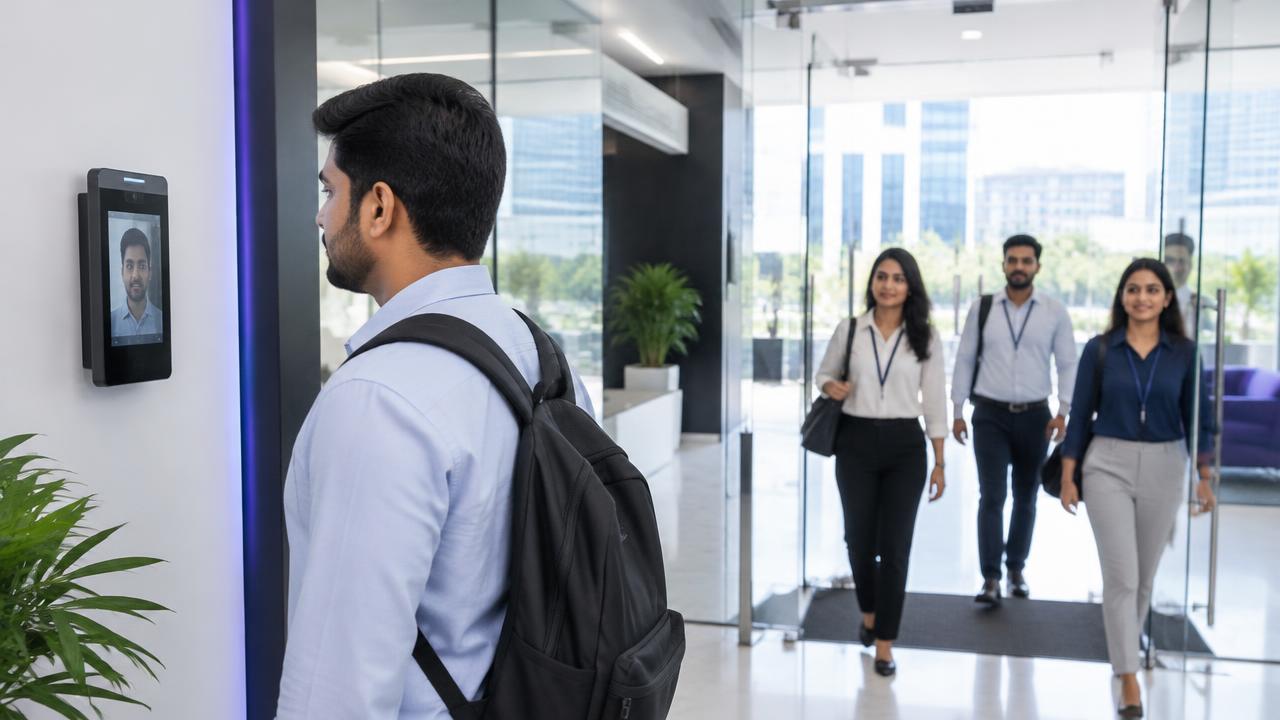 Employee using facial recognition attendance at an office entrance