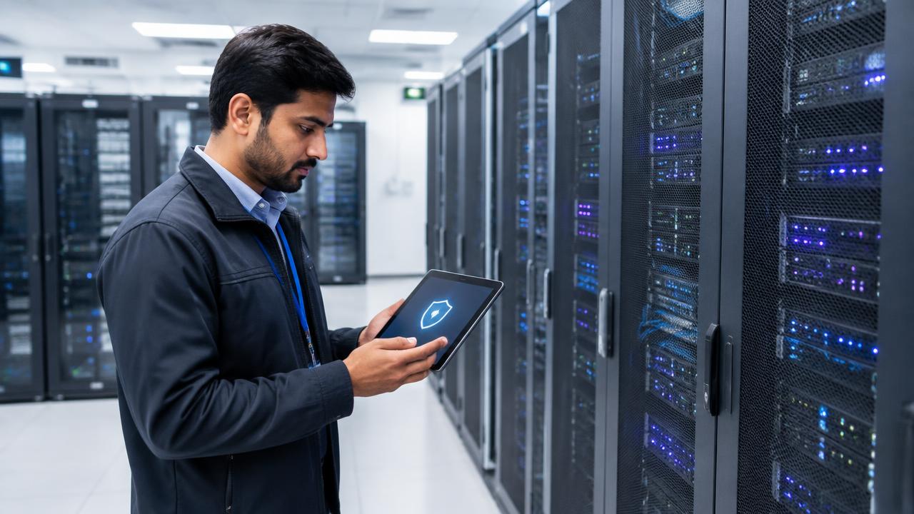 IT professional reviewing security in a server room